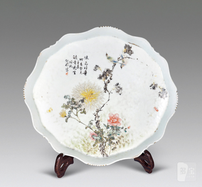 清 “仙槎写”粉彩花鸟茶盘 - 图1